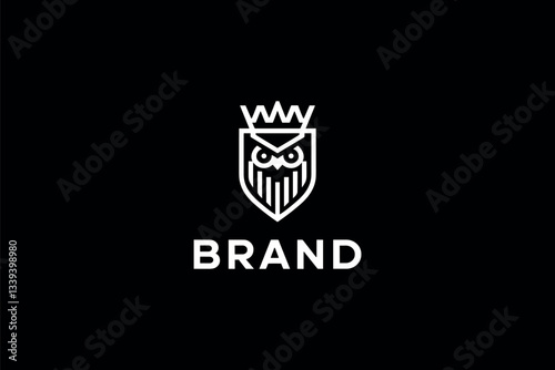 A minimalist logo design. At the center, there's a shield-like emblem with a stylized owl face. The owl has a crown on its head, suggesting royalty or authority. 