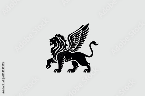 Minimalist black vector of a winged lion, symbolizing strength and majesty. Ideal for fantasy logos, heraldry designs, or tattoos with a mythical and powerful aesthetic.