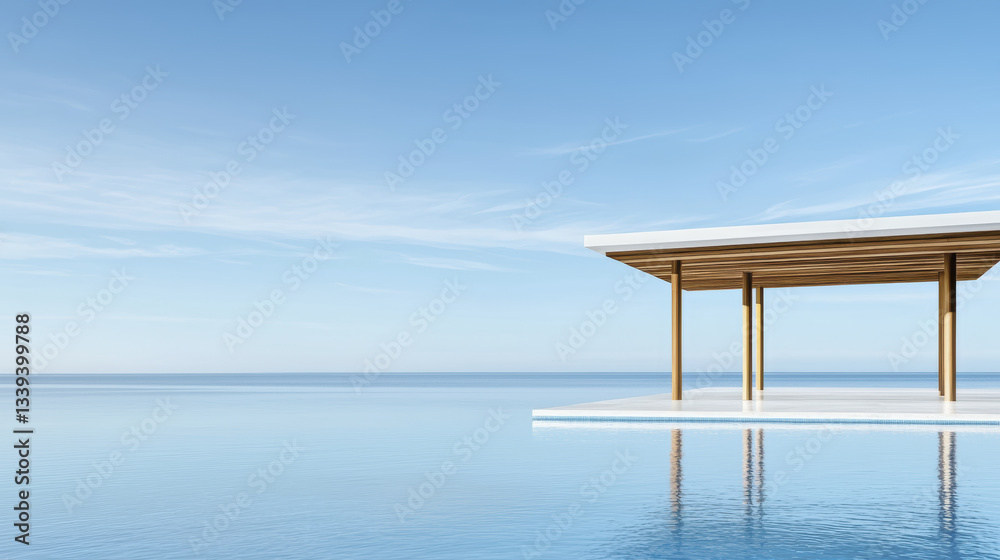 serene minimalist design featuring modern structure over calm water, reflecting clear blue sky serene minimalist design featuring modern structure over calm water, reflecting clear blue sky