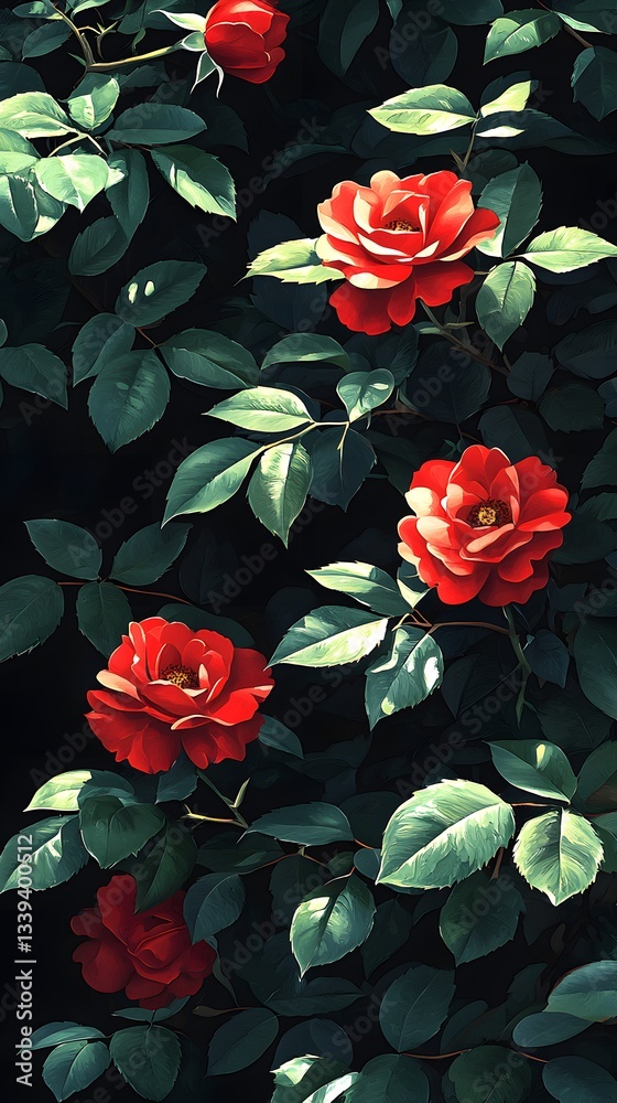 Lush bunch of red flowers in a dramatic rose garden pattern with dark shadows creating a captivating floral arrangement Lush bunch of red flowers in a dramatic rose garden pattern with dark shadows creating a captivating floral arrangement