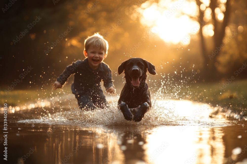 Happy boy and labrador retriever running through puddle in golden sunlight during the late afternoon
