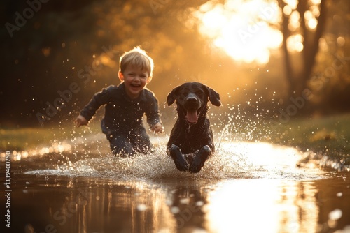 Obraz na płótnie Happy boy and labrador retriever running through puddle in golden sunlight during the late afternoon w salonie