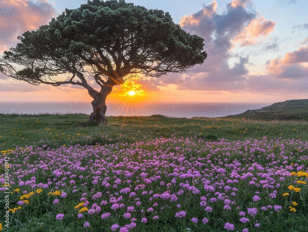 Fototapeta premium Serene coastal sunset with a solitary tree and vibrant wildflowers creating a peaceful and idyllic landscape scene with warm colors