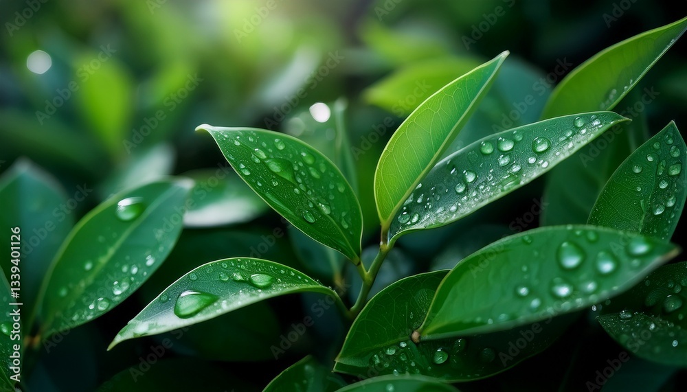 Fototapeta premium the exquisite charm of dewdrops delicately embracing vibrant emerald foliage.