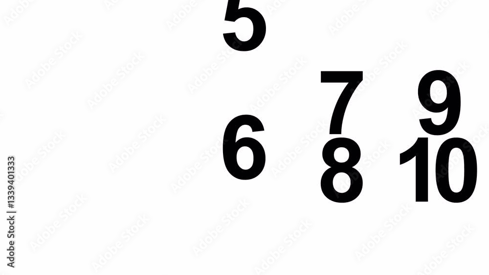 Countdown Numbers Falling with Bouncing Effect. This video is with alpha channel on transparent background. It features an animation of numbers from 10 to 1 falling from the top with a bouncing effect