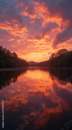 Tranquil Sunset Over a Calm Lake with Vibrant Sky Reflections