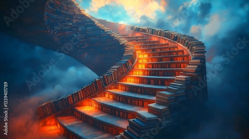 Endless Spiral Staircase of Books – Symbolizing the Eternal Pursuit of Knowledge and Infinite Learning in a Dreamlike Sky. Generative AI 