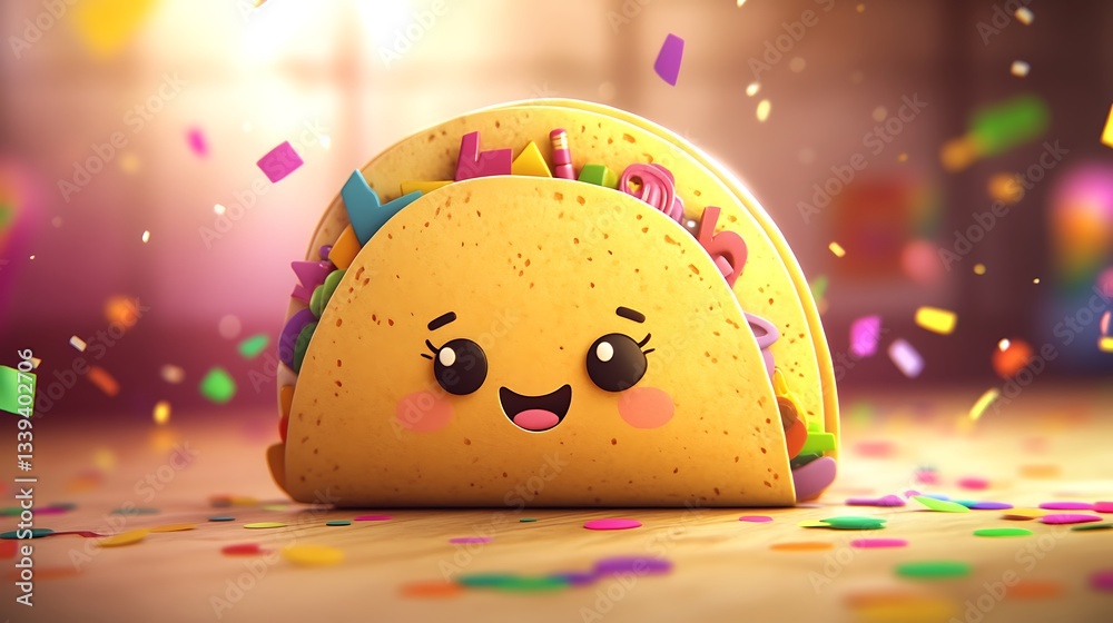 A happy smiling taco character is surrounded by colorful confetti