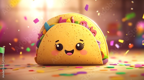 Obraz na płótnie A happy smiling taco character is surrounded by colorful confetti w salonie