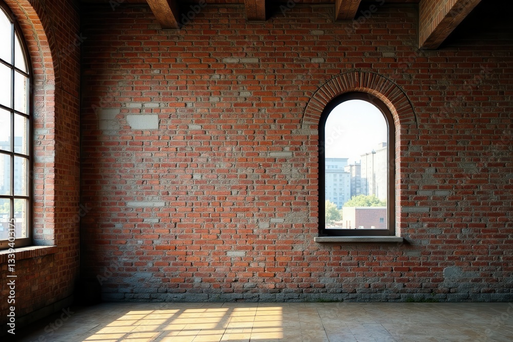 Fototapeta premium Weathered brick wall, arched window, old factory , rusty, window frame, cracked