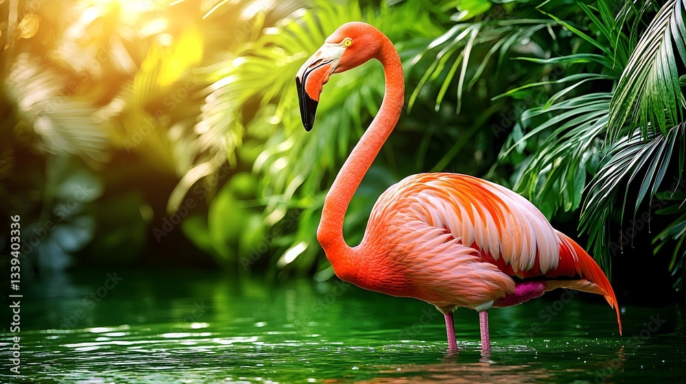 Obraz premium Elegant flamingo wading gracefully in a serene jungle lagoon surrounded by lush greenery and tranquil waters