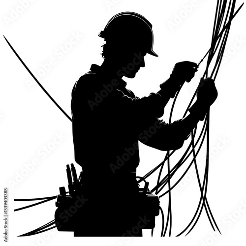Silhouette of an electrician working with cables