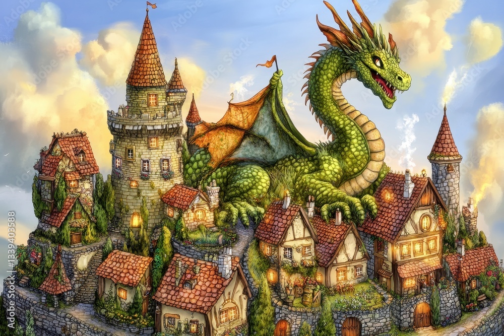 Fototapeta premium A green dragon towers over a village of cozy dwellings