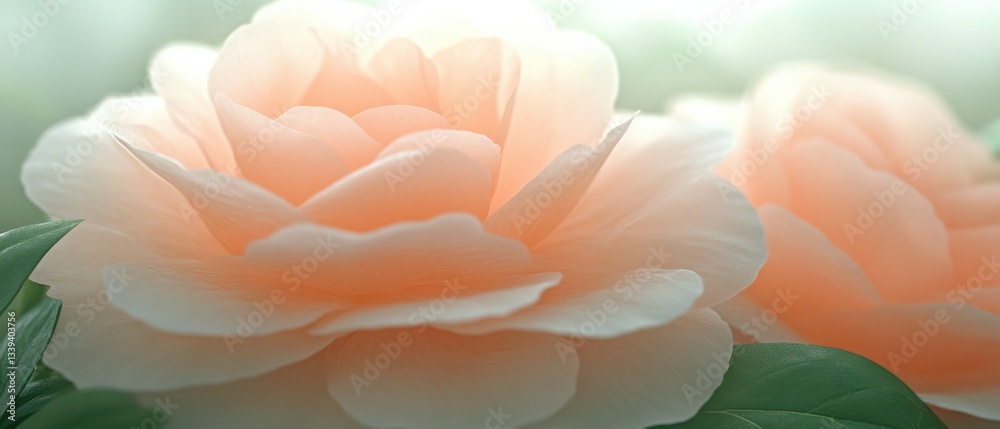 Fototapeta premium Soft peach camellia blossom unfolds in gentle light a delicate floral portrait showcasing nature's elegance and tranquility with a serene background