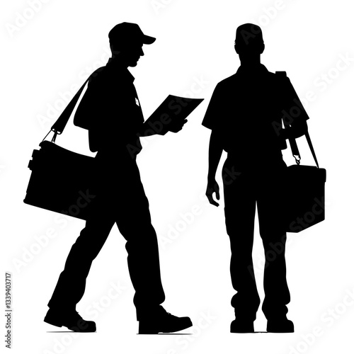 Two men in silhouette walking facing each other against plain background