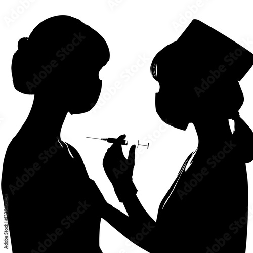 Nurse administers injection against light background.
