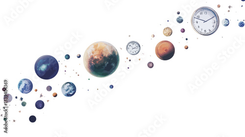 A digital illustration depicting a diagonal stream of various sized spheres, resembling planets and clocks, against a pure white background.  The spheres are rendered in shades of blue, brown, and