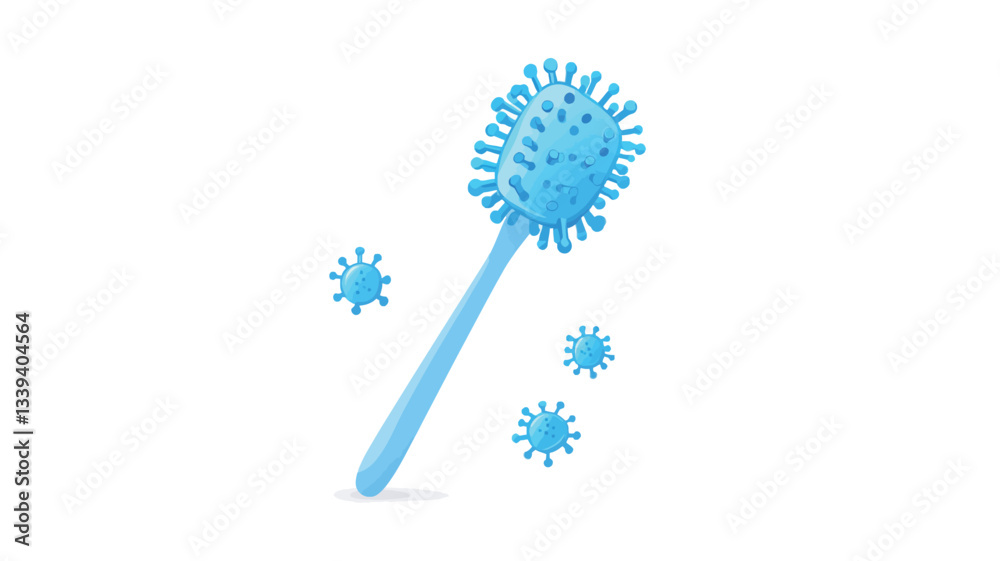 A digital illustration depicting a stylized light blue toilet brush with a spherical head covered in small, textured protrusions resembling viral particles. Three additional similar viral A digital illustration depicting a stylized light blue toilet brush with a spherical head covered in small, textured protrusions resembling viral particles. Three additional similar viral