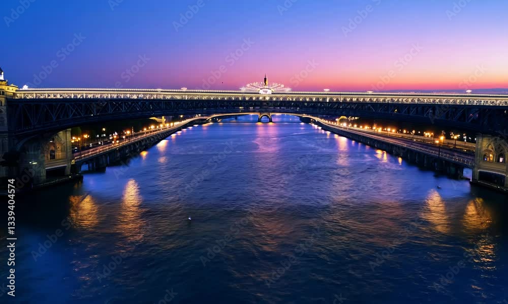 dusk time lapse of a bridge over the seine river with shimmering lights dusk time lapse of a bridge over the seine river with shimmering lights
