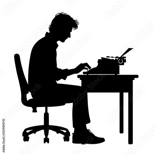 Silhouette of person typing on typewriter at desk.
