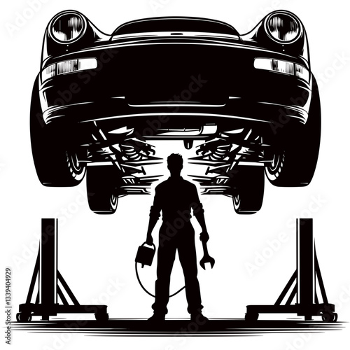 Mechanic repairing car on lift