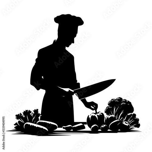 Chef cutting vegetables on a surface.