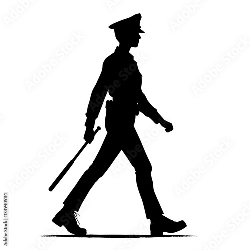 Silhouette of officer holding baton against white background