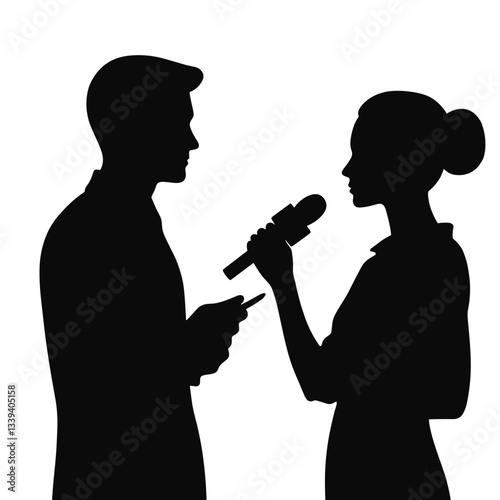Silhouetted reporter interviews man against white background