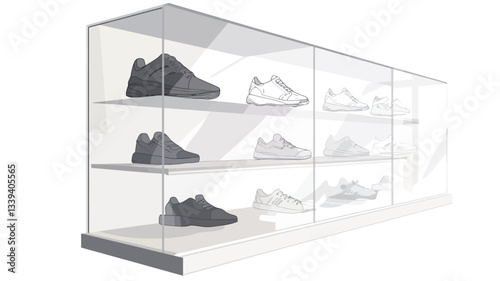 The image shows a long, rectangular acrylic display case with several shelves. The case is transparent, allowing clear visibility of the contents.  The shelves are angled slightly, and they contain