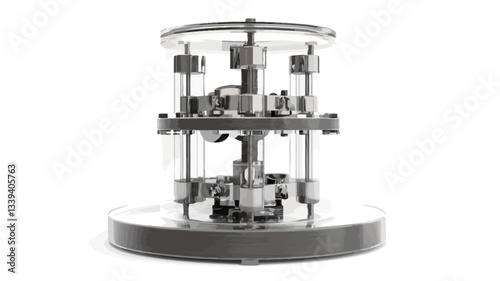 A full shot of a two-tiered, cylindrical mechanical device. The device appears to be made of metal, with a grey and silver color scheme.  It features multiple smaller components arranged on two