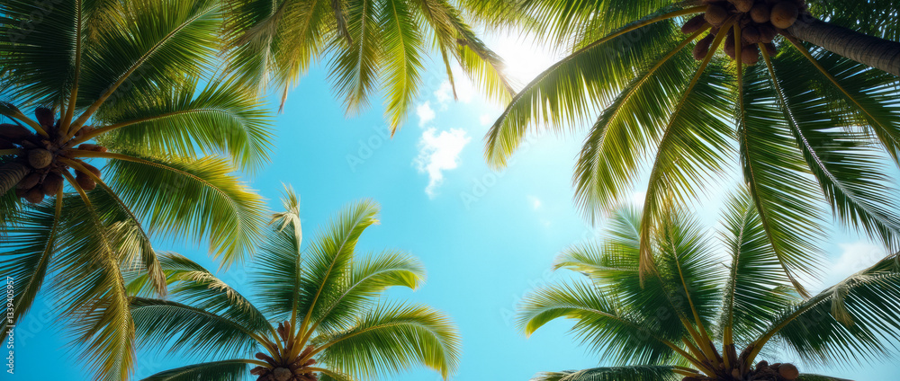 Tropical Paradise View Looking Up Through a Canopy of Lush Palm Trees Against a Pastel Blue Sky Tropical Paradise View Looking Up Through a Canopy of Lush Palm Trees Against a Pastel Blue Sky