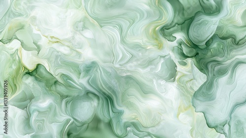 Swirling shades of green and white create an artistic composition resembling natural elements. The soft, fluid shapes evoke a sense of calm and harmony in this serene backdrop