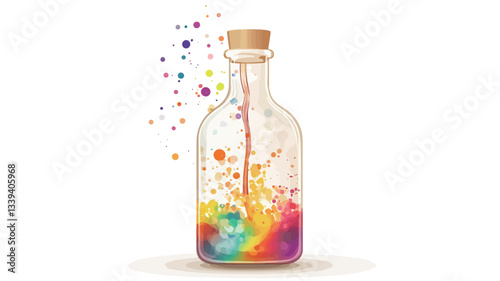 A digital illustration depicting a clear glass bottle with a cork stopper. The bottle is partially filled with a vibrant, multicolored liquid that resembles paint or ink splashes.  The liquid is