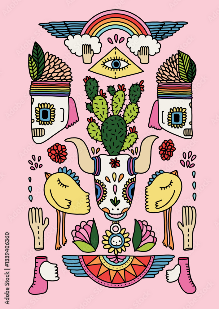 Stylized Skull with Flower Decoration Illustration