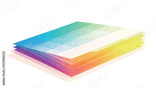 A high-angle, close-up shot depicts a stack of translucent sheets of paper. The sheets display a gradient of colors, transitioning smoothly from one hue to another.  The colors are vibrant and