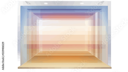The image depicts a square, three-dimensional cube composed of several translucent layers. Each layer exhibits a subtle gradient of pastel colors, transitioning from light blues and purples at the