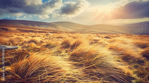 Golden grasses sway under a bright sun and moody sky. Vast landscape.