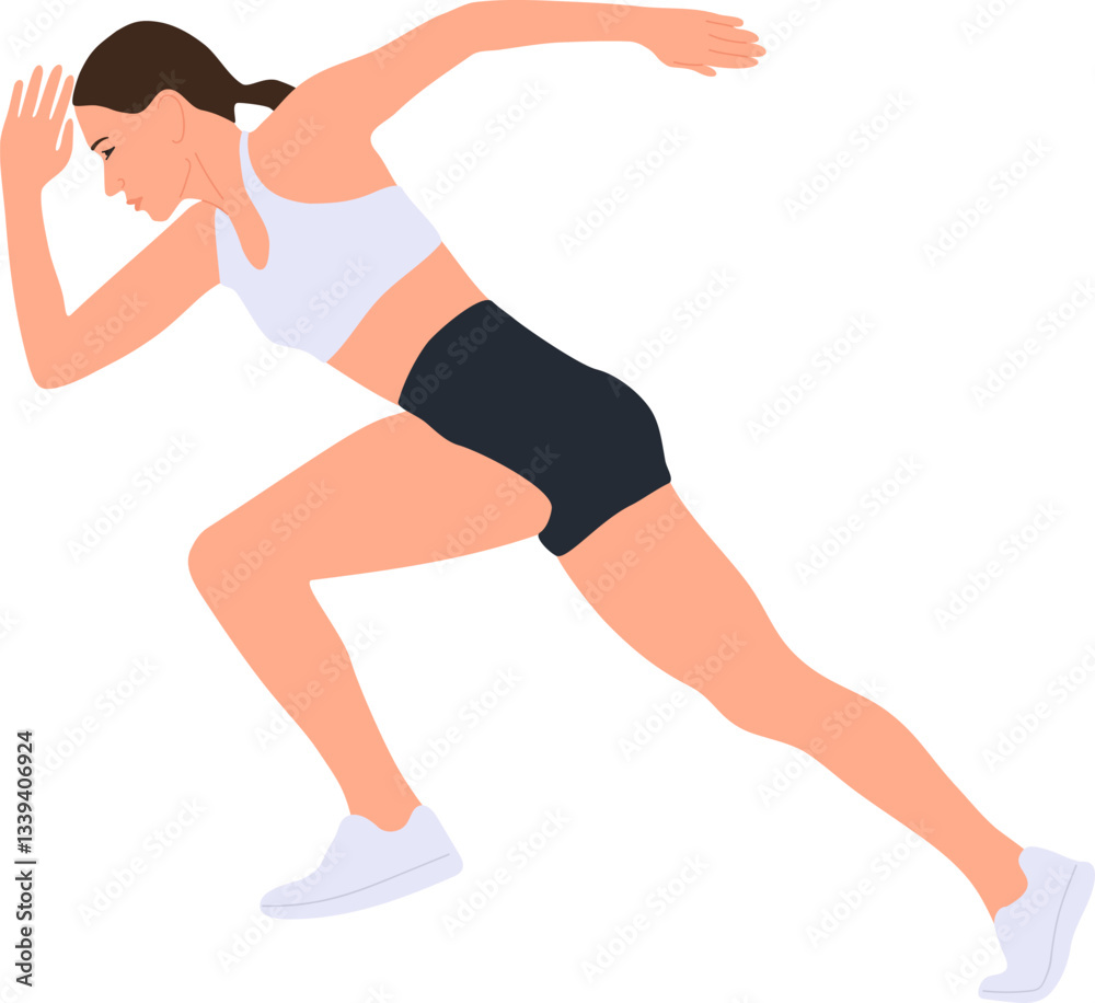 Sportswoman runner, athletic sport, girl in short tights and tank top, flat vector. Realistic drawing of person, sketch for advertising. Sportswoman runner, athletic sport, girl in short tights and tank top, flat vector. Realistic drawing of person, sketch for advertising.