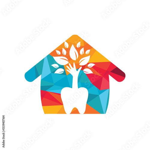 Dental care vector logo template. Teeth and hand tree with home icon design.