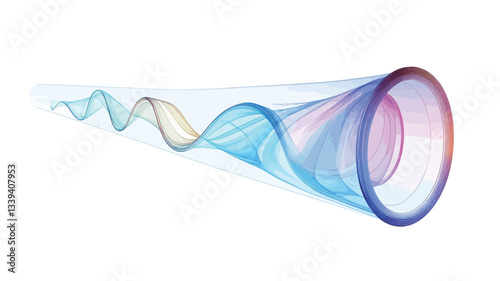 The image presents an abstract illustration of a conical shape with a circular opening at its wider end.  A swirling, wave-like form, exhibiting a pastel color gradient transitioning from cool