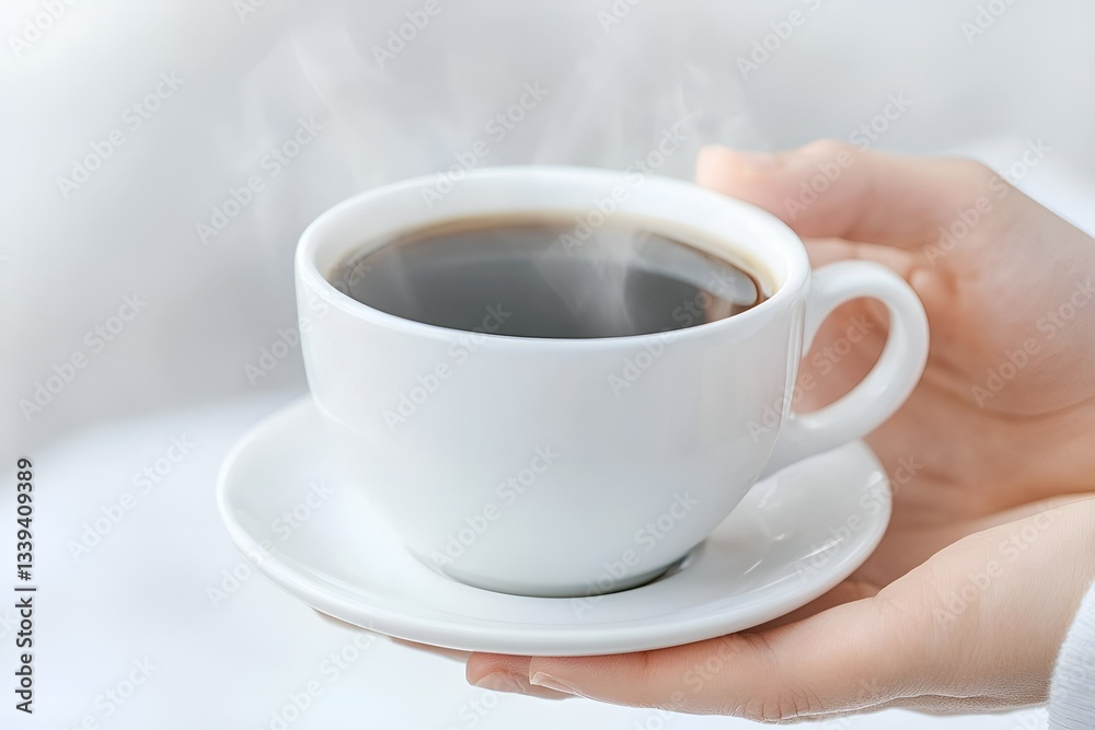 A steaming cup of black coffee in a white ceramic cup held by delicate hands, creating a warm and cozy atmosphere with a soft, minimalist background A steaming cup of black coffee in a white ceramic cup held by delicate hands, creating a warm and cozy atmosphere with a soft, minimalist background