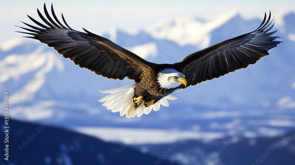 Obraz premium A powerful eagle gliding effortlessly over snow-capped peaks, scanning the valley below with sharp eyes