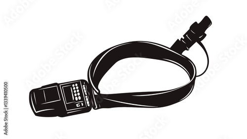 A close-up, monochrome illustration of a black whistle attached to a black strap. The whistle is rectangular with a small mouthpiece and appears to have some text or markings on its surface. The