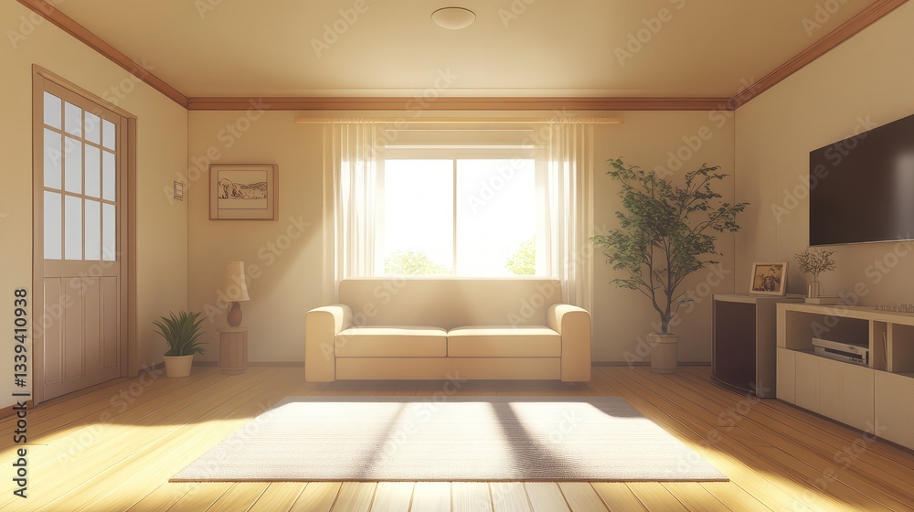 A simple minimalist living room with a single sofa, neutral tones, and ample space for promoting decluttered living. A simple minimalist living room with a single sofa, neutral tones, and ample space for promoting decluttered living.