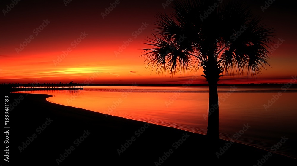 Obraz premium Fiery Sunset Beach Palm Tree Silhouette