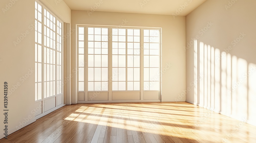 Basement with large windows, light-colored walls, and a polished wooden floor. Bright and airy space, ready for design ideas. Copy space.