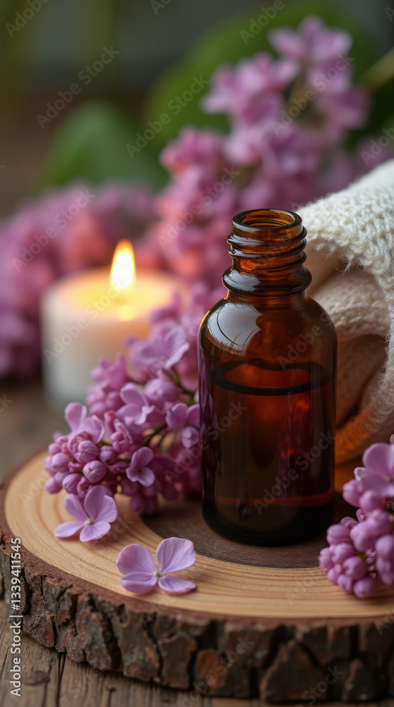 Wooden Table with an Amber Essential Oil Bottle and Lilac Flowers Scattered Around