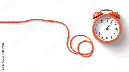 High-angle, close-up view of an orange alarm clock and a long, orange cord on a white background. The alarm clock is positioned to the right, slightly offset from the center. The cord is loosely