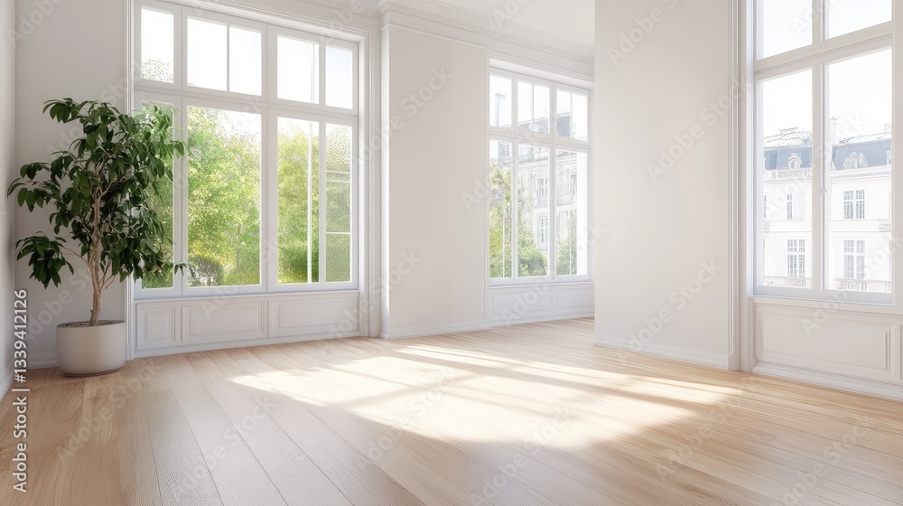 Fototapeta premium Bright studio room with a modern aesthetic, featuring white walls, light wood floors, and large windows. A calm and inviting space. Copy space.