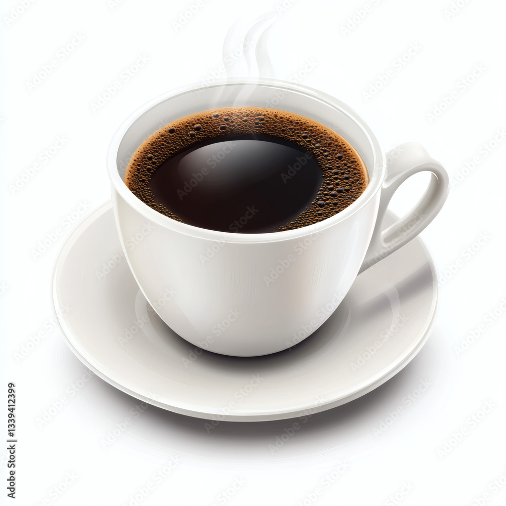 Black coffee steaming in a white cup on a saucer Black coffee steaming in a white cup on a saucer